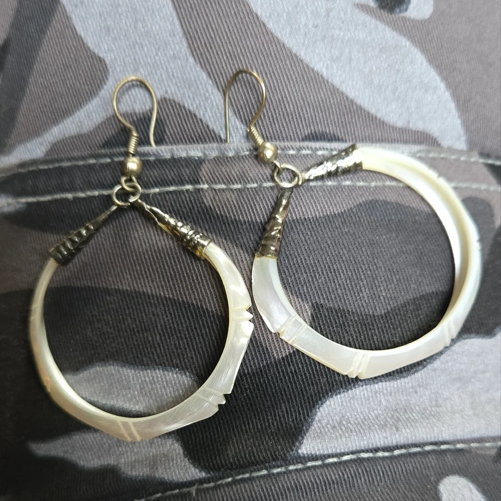 Abalone fresh shell & sterling Hoop Earrings - Picture 4 of 6